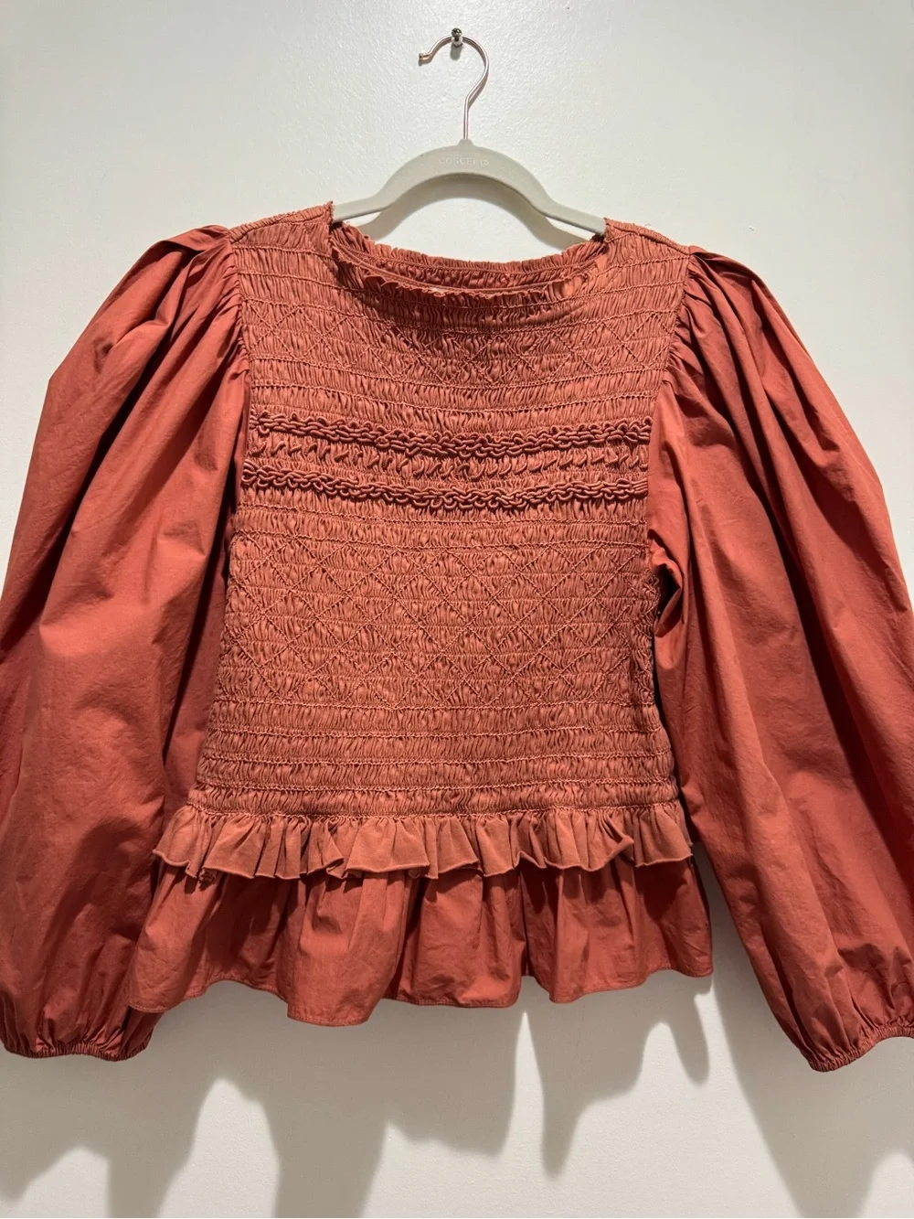 Ulla Johnson Amelia Smocked Puff Sleeve Ruffle Blouse Size 8